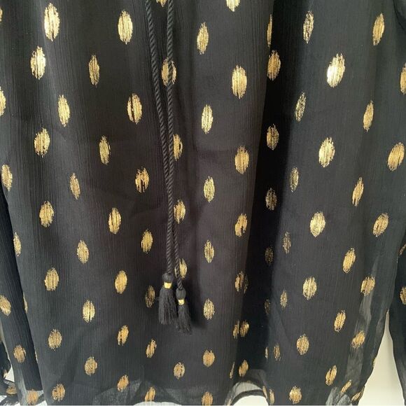 Black Gold Metallic Print Peasent Style Long Sleeve Boho Blouse - Picture 7 of 7